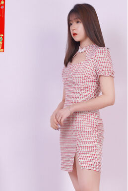 Plaid Raw Trim Tweed Cutout Side Split Cheongsam Dress (Red)